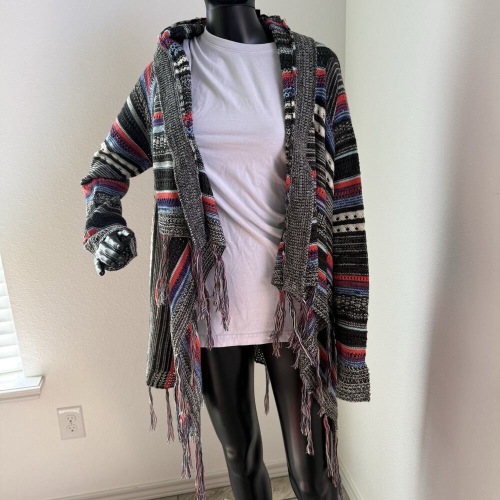 Rock & Roll Cowgirl Southwestern Striped Fringe Cardigan Sweater Open Drape Sz M